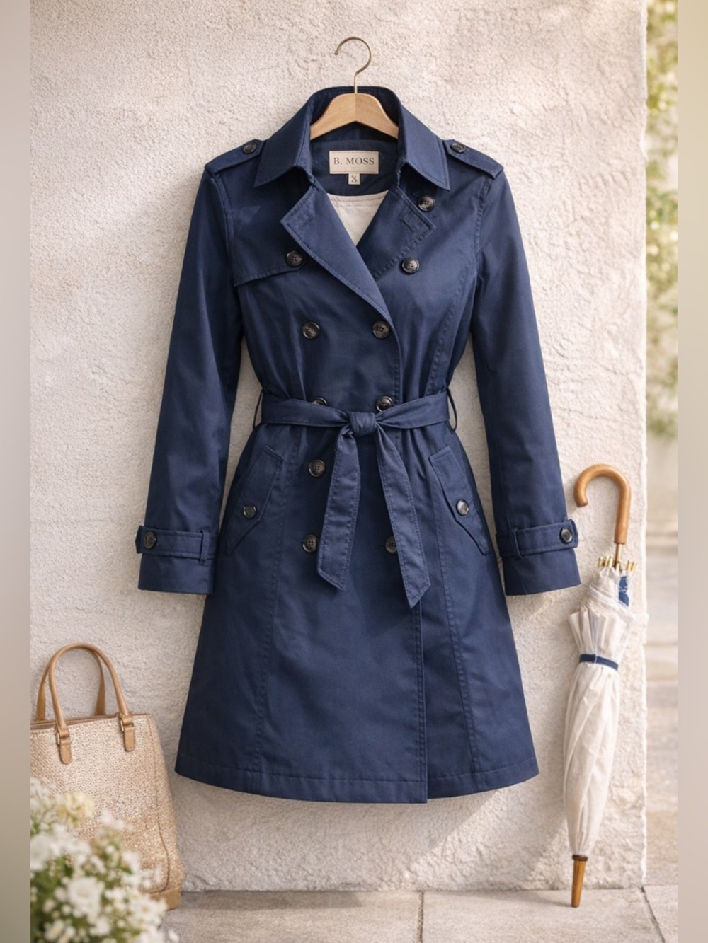 B. Moss Navy Blue Trench Coat – Classic Double-Breasted Belted Jacket –Sz Small